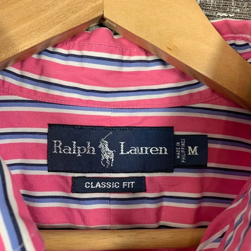 Polo Ralph Lauren Mens Classic Fit Striped Button Down Shirt Pink Blue White Med